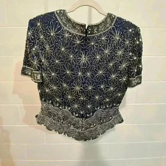 VTG Adrianna Papell Occasions SS Blouse 10 Navy Silk Beaded Cocktail Wedding - Picture 2 of 7